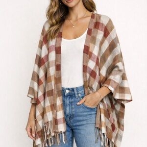 NWT Sonoma Plaid Fringe Open Cardigan Poncho Shawl – Cream Camel Rust